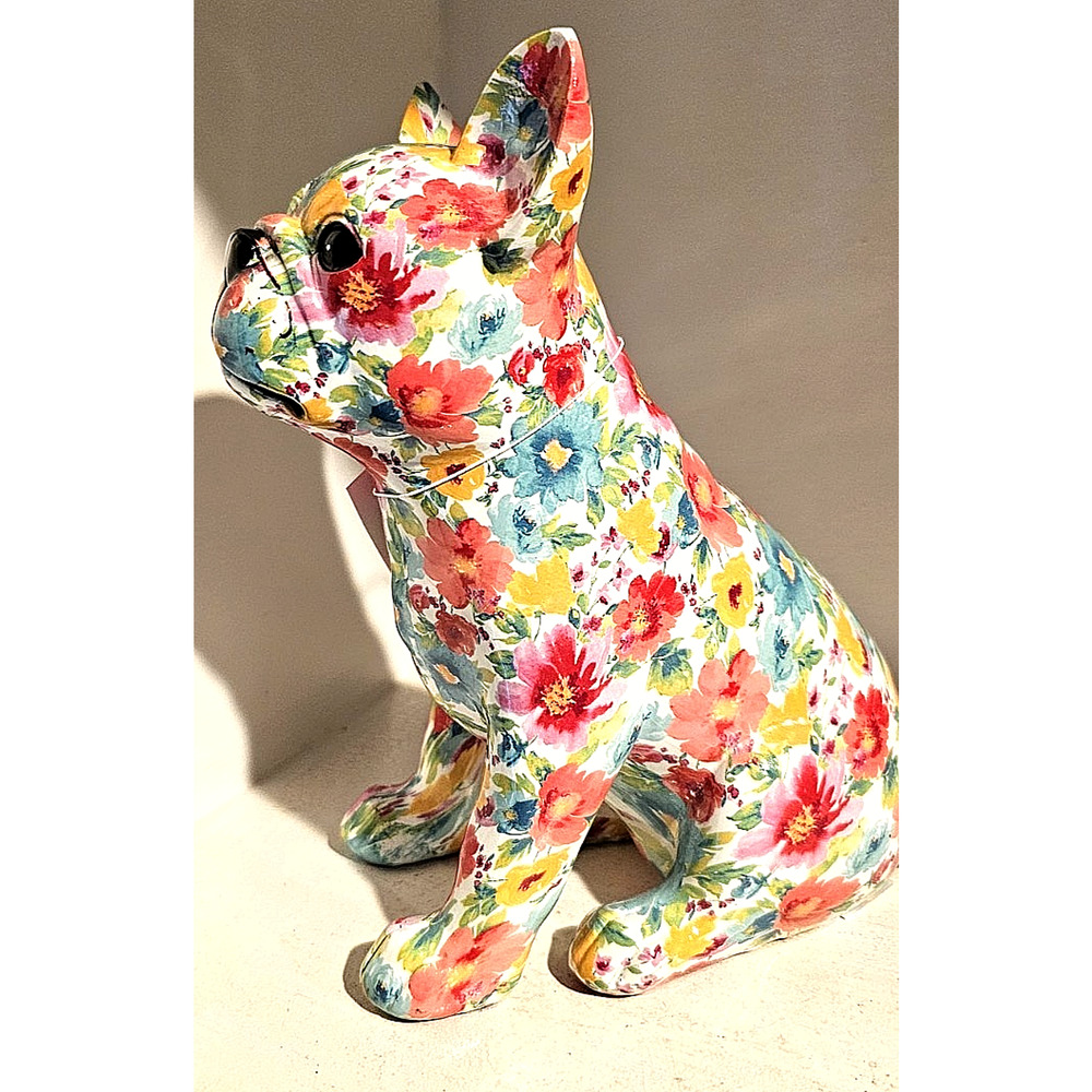 FRENCH BULLDOG WHITE W/ FLORAL/FLOWER PATTERN RESIN FIGURINE 8.75" tall.LAST ONE - Picture 3 of 3